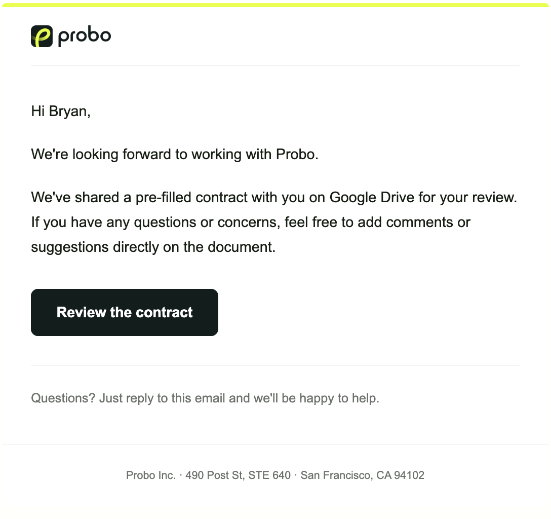 Email inviting the customer to review contracts in Google Drive